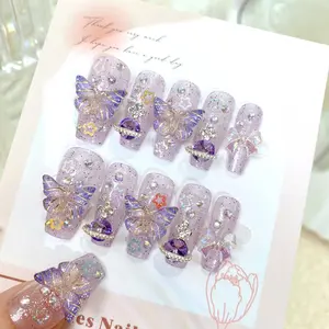 Handmade Press on Nails Medium Coffin Fake Nails Purple Nails Press ons Glossy Glue on Nails Cute False Nails with 3D Bow Butterfly Rhinestones Charm Designs Acrylic Stick on Nails for Women 24Pcs