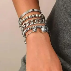 5-piece Fashion Chain Style Open Cuff Bracelet Set for Women, Stackable Bracelet, Ideal for Holiday Gifts, Perfect for Dates and Parties, Modern Fashion Accessories, Jewellery Accessories, Jewelry Accessory, Trendy Jewelry