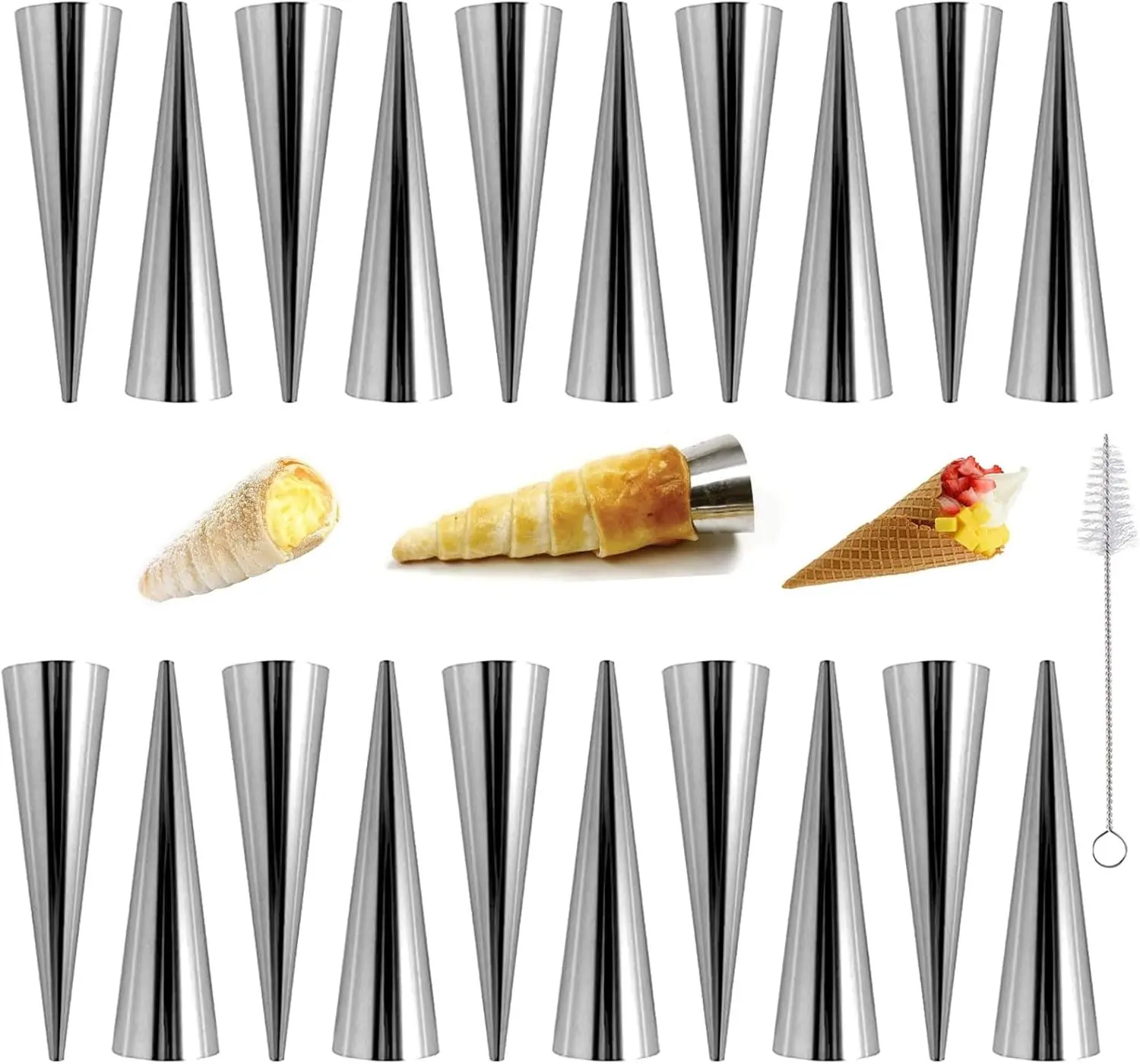 12Pcs Large Conical Cream Horn Molds, Non-stick Cream Horn Molds Stainless Steel, 5 inch Large Size Cannoli Tubes Kit Pack of Baking Cones Pastry Roll Horn Croissant Mold With brush