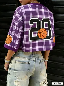 Vintage 28 Basketball Pattern Women's Short Sleeve Jersey, V-Neck, Loose-Fit Sporty Streetwear Top, All over Print