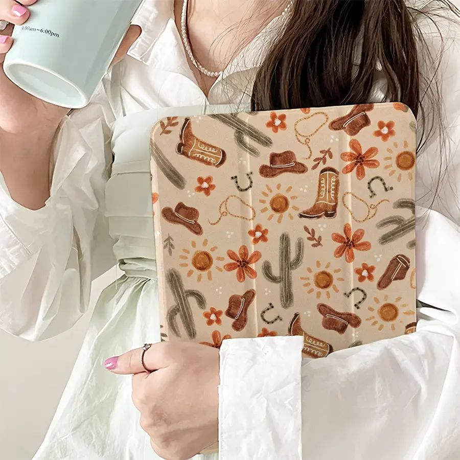 Horseshoe and cactus pattern, adjustable stand and pen slot, foldable non-slip TPU protective case, suitable for Samsung, iPad mini, iPad Air, iPad Pro/iPad 10th generation, 11th generation and other iPad models.