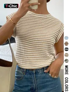 Women's Striped Print Crew Neck Tee, Casual Slim-fitting Cap Sleeve T-shirt, Ladies Summer Clothes for Daily Wear, Top, Womenswear