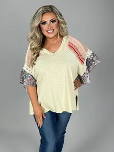 100 CP {Love Is All Around} Oatmeal Tunic with Multi Sleeve PLUS SIZE XL 1X 2X