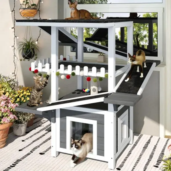 [Bellemave]4 Tiers Outdoor Cat House Weatherproof Cat Tree Tower with Waterproof Roof and 2 Doors , Feral Cat Shelter Outside Enclosure, Multi-Level Play Zones with Balcony, for Small Animals, Grey+ White