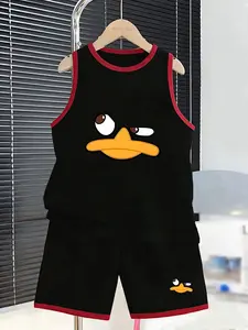 Funny Duck Face Print Boys' Sporty Tank Top Set, Casual Loose-Fit Suit for Daily Wear, School Activities, Summer Outing, Leisure Play