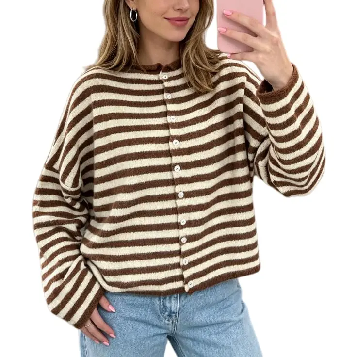 Women Retro BrownWyeysyt Cream Striped Knit Cardigan, Oversized Long Sleeve Button Front Cropped Sweater, Cozy Fall Casual Layering Top