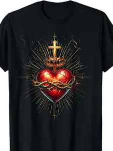 Men' Sacred Heart of Jesus Catholic T-Shirt - Soft Cotton Religious Tee with Sacred Heart, Crown of Thorns & Cross Design - Faith Apparel Suitable for Men, Casual Wear & Church Events - Comfortable Crew Neck Short Sleeve