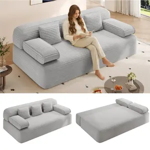 78.7" Frameless Sofa,2-in-1 Convertible Sofa Bed with 3 Pillows – Plush Corduroy Fabric, Multi-Functional 3-Seater Couch for Small Spaces, Apartments, and Bedrooms,Light Grey#Summervibes
