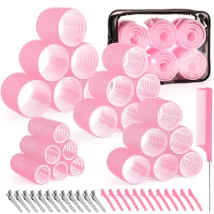 Self-Grip Hair Rollers Set for Long Short Hair and Bangs 50 Pcs with Clips 25mm 36mm 48mm 60mm Pink Value Pack with Clips Rat Tail Comb and Storage Bag for Various Styles