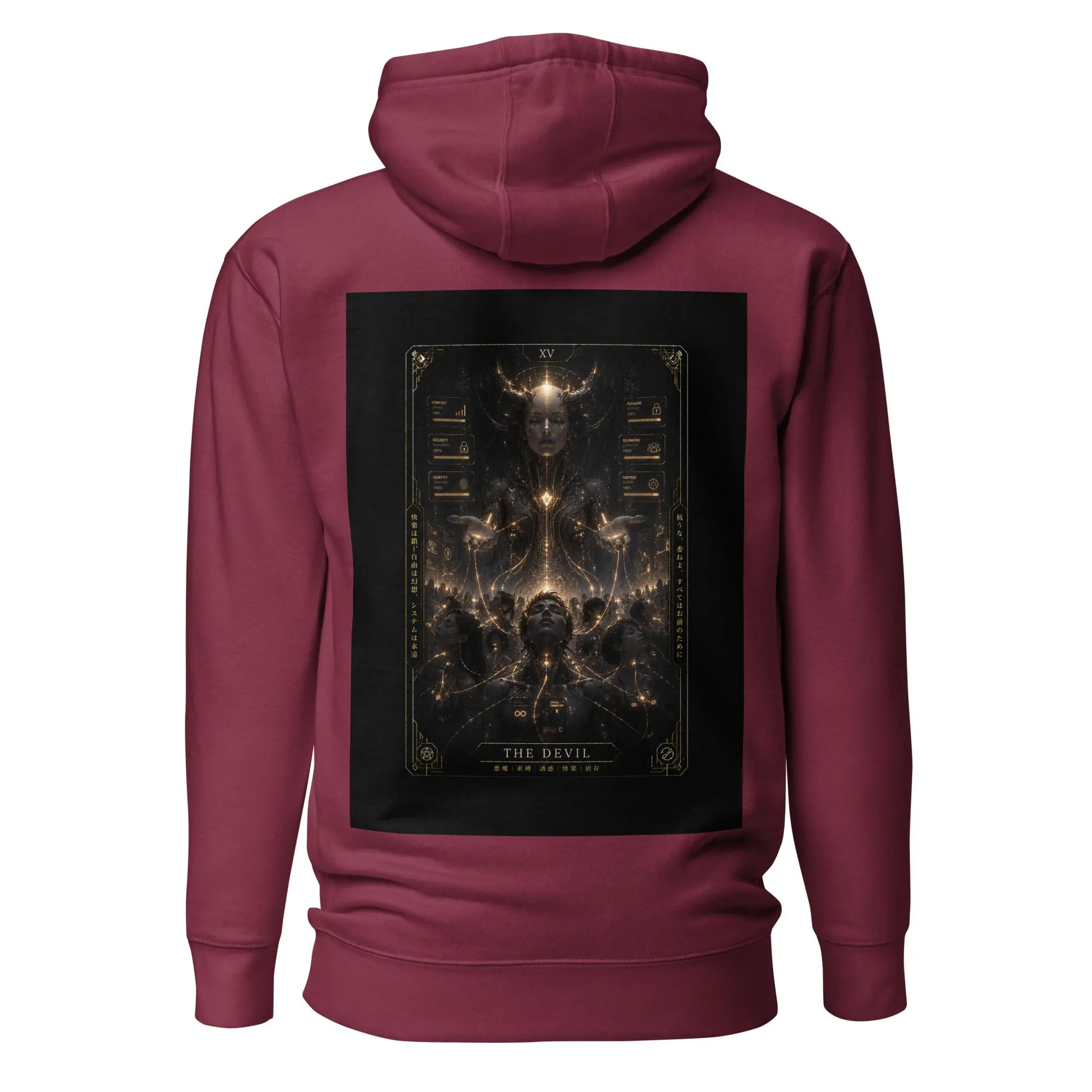 Women's Techno Tarot Devil Hoodie - Shadow-Infused Long-Sleeve Graphics Futuristic Stylish Top (Hood, Long-Sleeve, Graphics, Devil-Themed, Futuristic Women's Hoodies), Hood Women's Hoodies