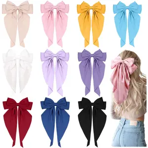 10 Pcs Large Hair Ribbon Barrettes with Long Tails for Women & Girls, TOKUFAGU Vintage French Hair Accessories - Bow Clips in 10 Colors