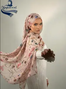 Women's Elegant Floral Hijab Scarf, Breathable Beach Long Shawl, Geometric Pattern Casual Daily Wear, Muslim Fashion Accessory