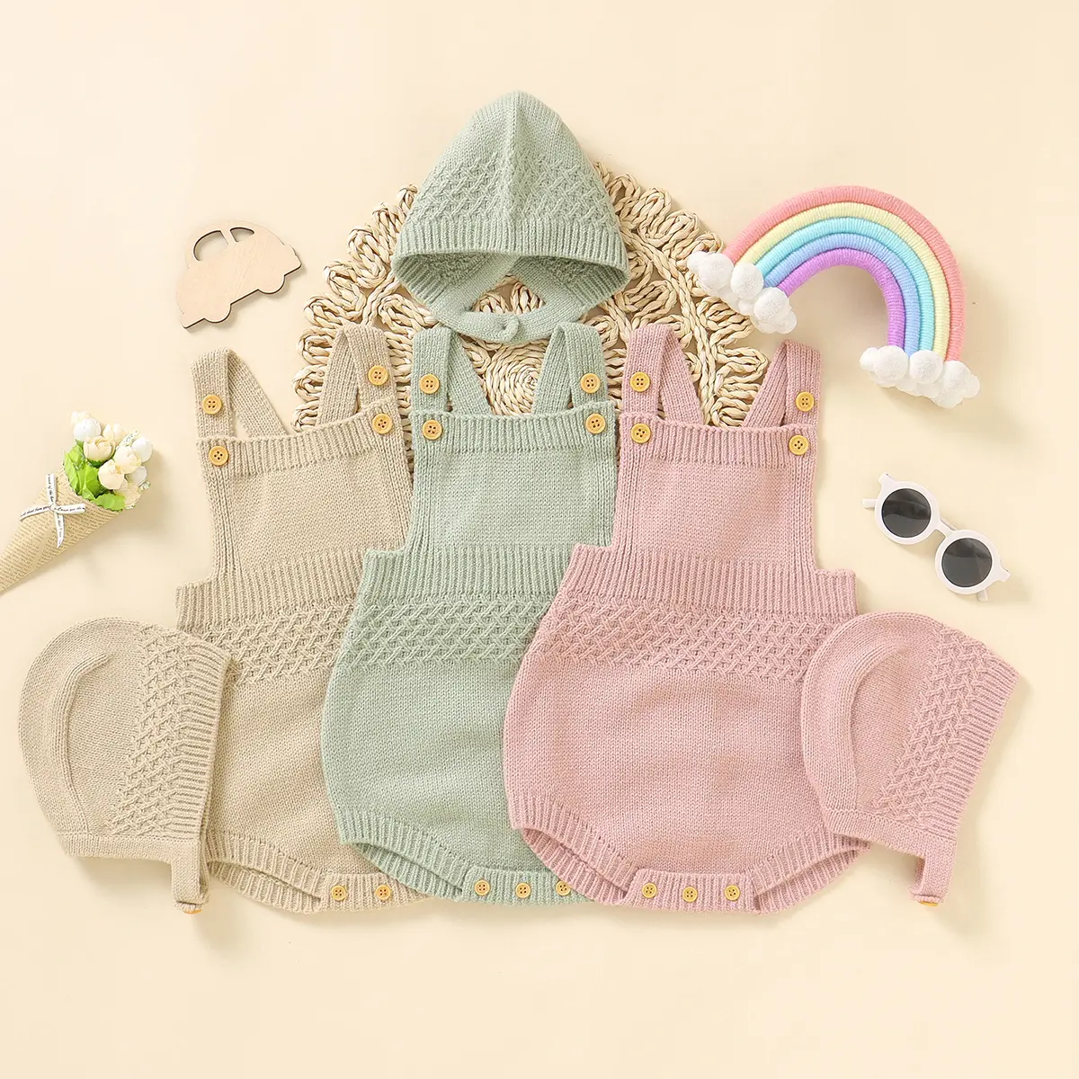 Baby Knit Suspender Romper, Newborn Outfit, Soft Breathable Cotton Baby Jumpsuit, Cute Infant Overall Outfit for Photoshoot & Baby Shower Gift