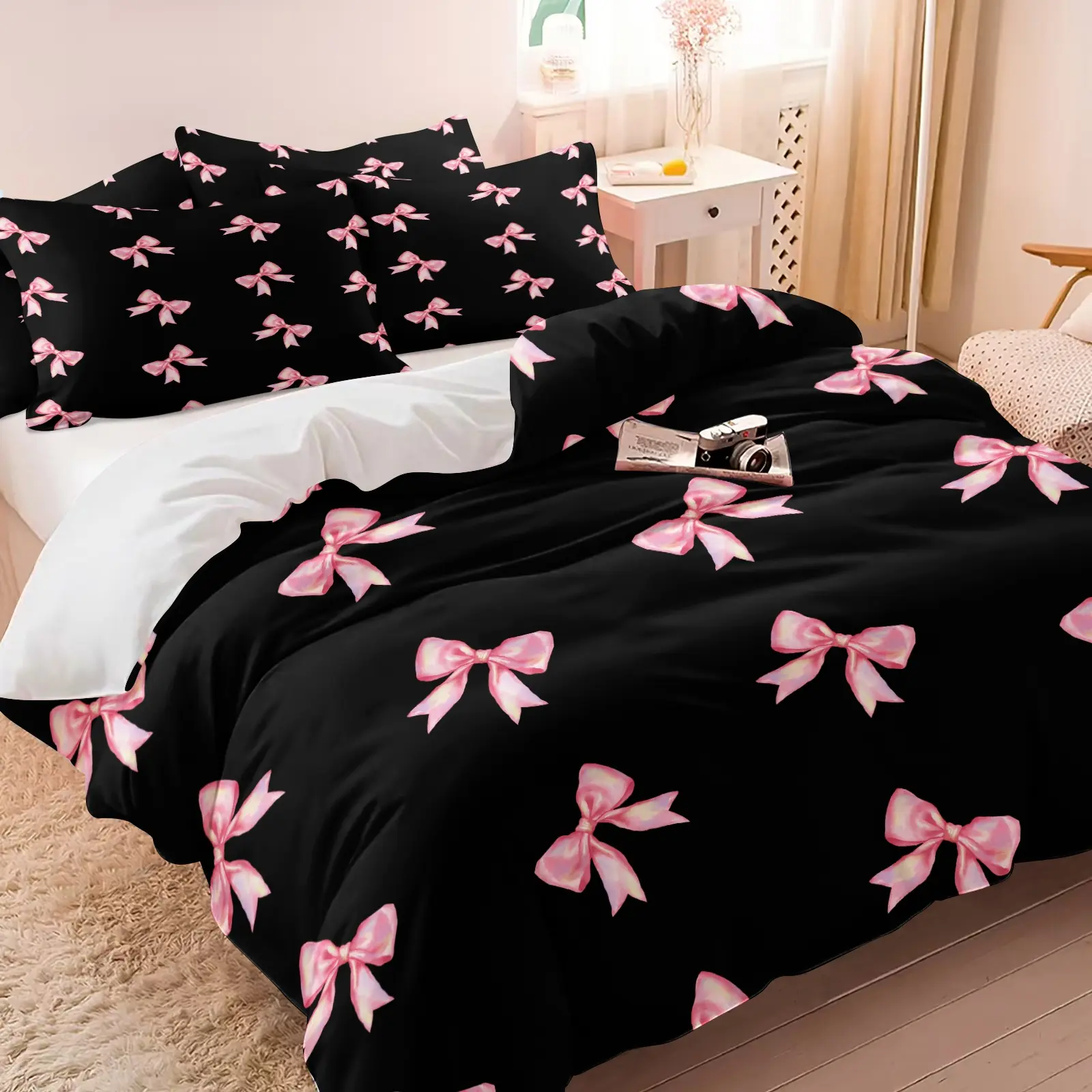 Black background with pink bow-knot print duvet cover set, Decorative duvet cover, Bed sets supplies, 1 duvet cover & 1/2 core-free pillowcase, warm & comfortable, suitable for all seasons, multiple styles available
