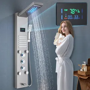 Stainless Steel Shower Panel Tower System,LED Rainfall Waterfall Shower Head 5-Function Faucet Rain Massage System with Body Jets, Brushed Nickel Plumbing Certified Led Lights