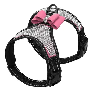 Rhinestone Decor Pet Harness with Bow, Adjustable Breathable Dog Vest Harness, Soft and Lightweight Cat Chest Sling, Pet Supplies, Dog Stuff, Harness Straps