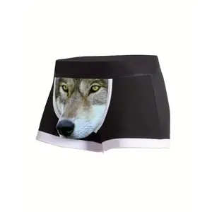 Men's Novelty Wolf Print Boxer Briefs - Breathable, Stretchy, Comfortable Underwear with Fun Animal Print, Digital Printed Fabric Socks Casual Menswear Panty
