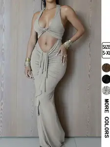 Women's Plain Twist Ruched Cut Out Tank Dress, Sexy U-Neck Sleeveless Fitted Maxi Dress for Party, Club & Dating, Ladies' Clothes for All Seasons