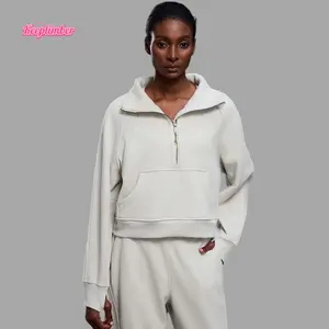 KEEPLIMBER Women's Winter Activewear Cotton-Blend Fleece Oversized Half-Zip Hoodie Sweatshirt with Front Pocket & Gold Zipper for Yoga Sports Gym Workout