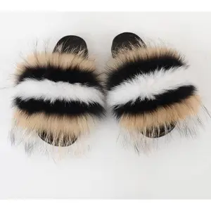 "FOXY" Brown Black White Horizontal Striped Fur Fluffy Flip Flops™️