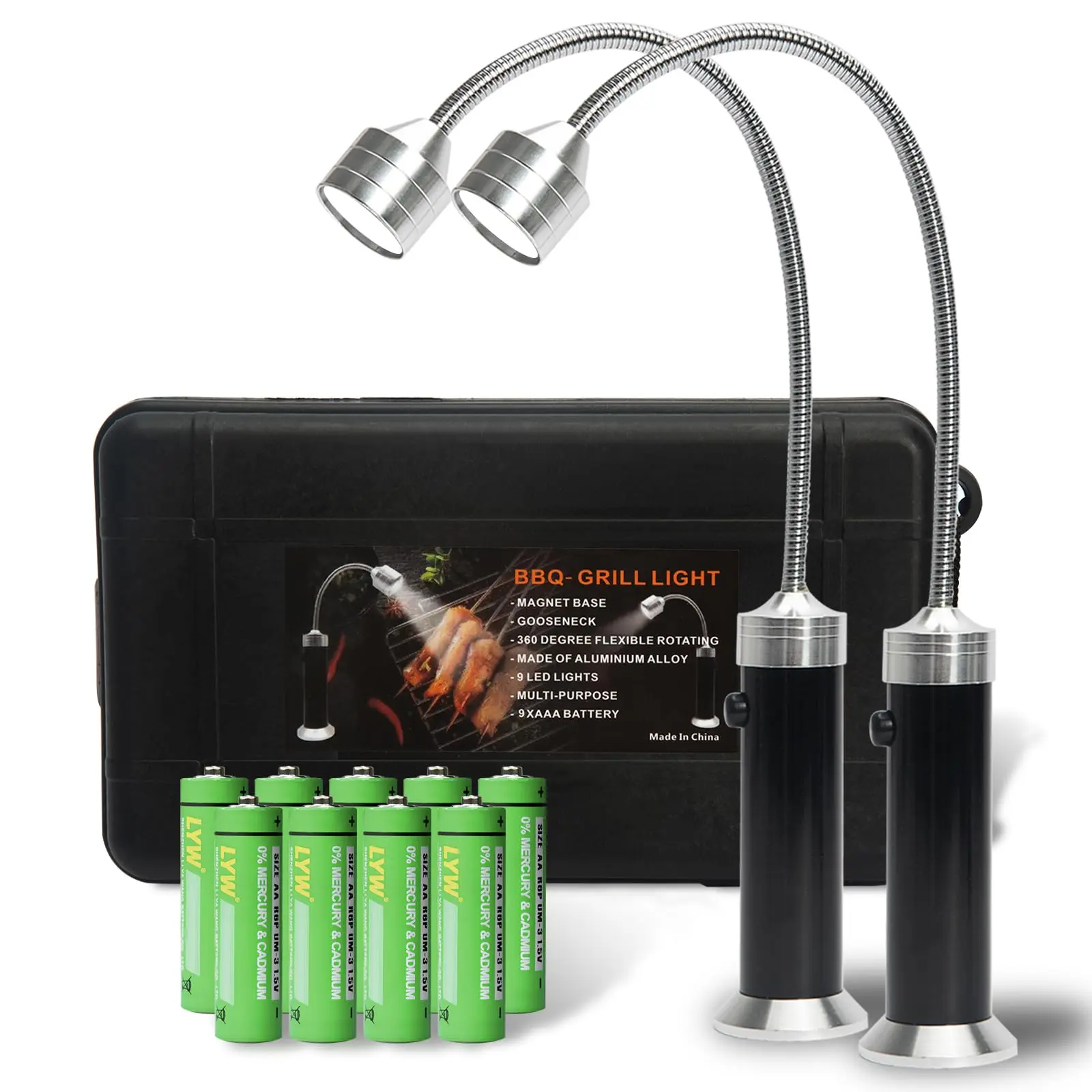 2 Pack Super Bright LED BBQ Grill Light | Magnetic Base 360° Flexible Gooseneck | Waterproof Aluminum | Traeger Pit Boss Smoker Accessory | 6 AAA Batteries Included