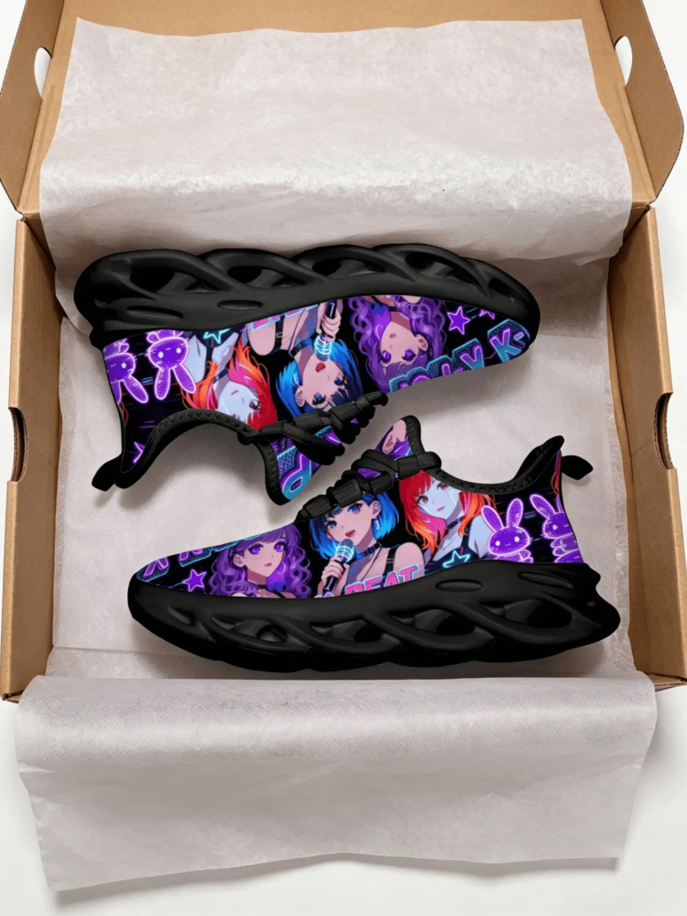 1 Pair Kids' Style Soft Elastic Thick Sole Magic Night Purple Sneakers, Breathable & Lightweight, Children's Day Gift, Versatile for Daily Wear, Cartoon Neon Girl Group Print, Cool Personalized Style Casual Shoes, Thick Soled Trainers