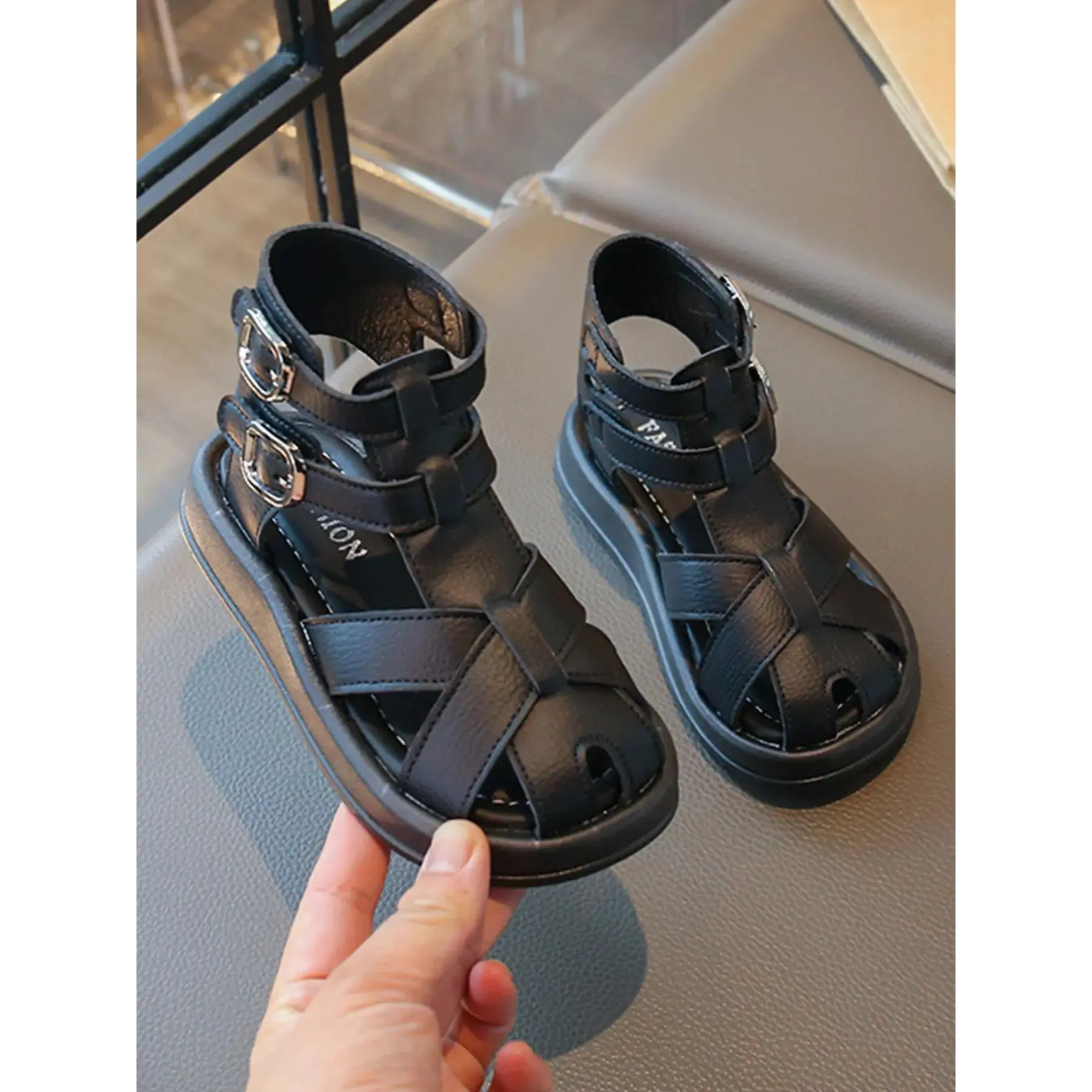 Girls' Soft PU Leather Roman High-Top Sandals - Adjustable Buckles, Anti-Slip Sole, Synthetic Material for 7-8 Years Olds' School & Daily Wear