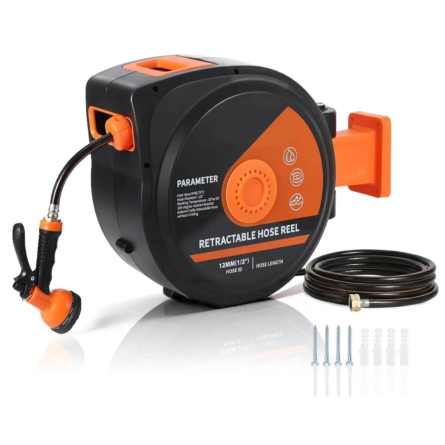 Garvee Outdoor All-Weather Retractable Hose Reel (1/2 in x 130 ft) with Adjustable Watering System, 10-Function Nozzle Attachment Reels, 6.5ft Leader Hose, Any-Length Lock, Auto-Rewind, Wall-Mounted 180-Degree Swivel Bracket, Hose Reel Reels