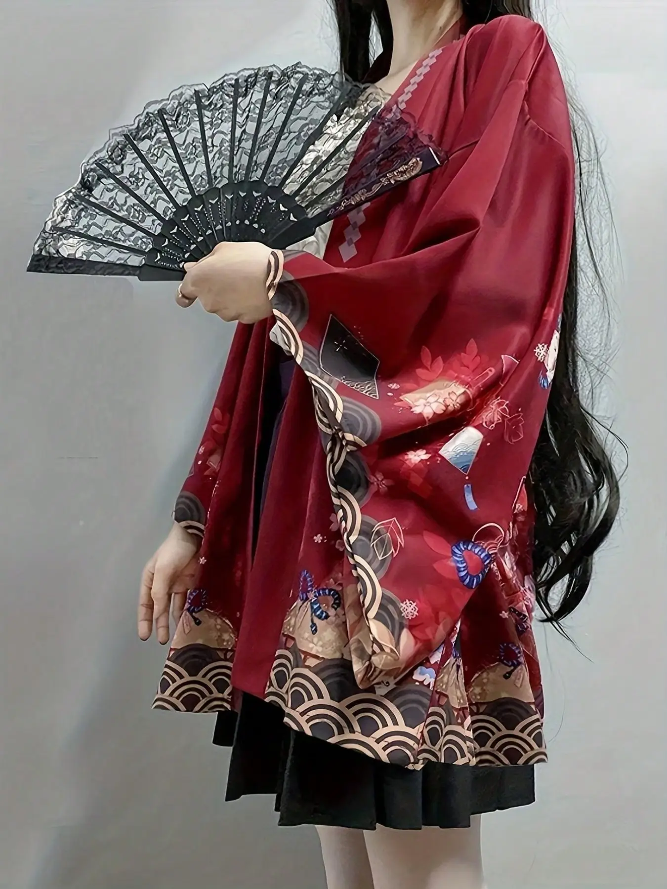 Japanese Style Floral Kimono, Loose 3/4 Sleeve Open Front Kimono, Summer Sun Protection Kimono Jacket, Casual Outerwear for Cosplay & Festivals, Womenswear
