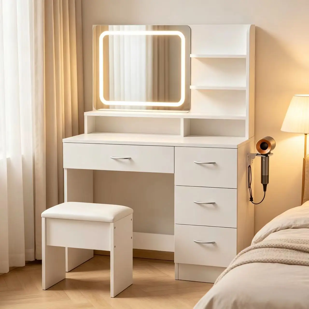 White vanity set includes LED-lit mirror and stool; modern-style bedroom makeup table with storage drawers; popular choice for girls; suitable for bedrooms, living rooms, and dorms.