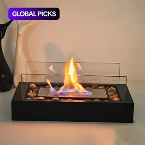 Modern Portable Tabletop Fire Pit, Rectangular Fire Pit, Mini Indoor Fireplace with Stone Clear-Glass Panel, Outdoor Desktop Fire Pit for Garden & Patio & Yard