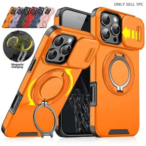 For iPhone 17 Pro Max 16 Pro Max 15 Pro Max 14 Pro Max 13 12 Pro Max Plus 16e with Slide Camera Case, 360 Rotated Ring Kickstand Holder Military Grade Shockproof Protective Cover, Casing