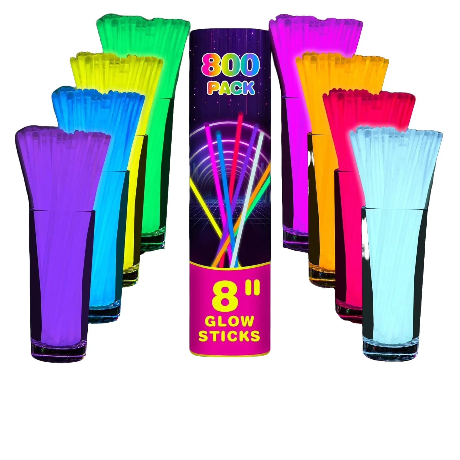 100pcs Glow Stick Party Set, Night Glowing Party Supplies, Party Favors Assortment, Party Gifts, 8 Inch Super Bright Necklace and Light Up Bracelet with Connector