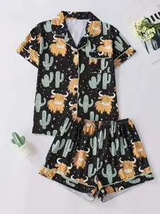 Women's Two-Piece Knit Pajama Set, Casual Comfortable Short Sleeve Shirt with Pocket, Elastic Waist Shorts, All-Season Cartoon Cactus Print
