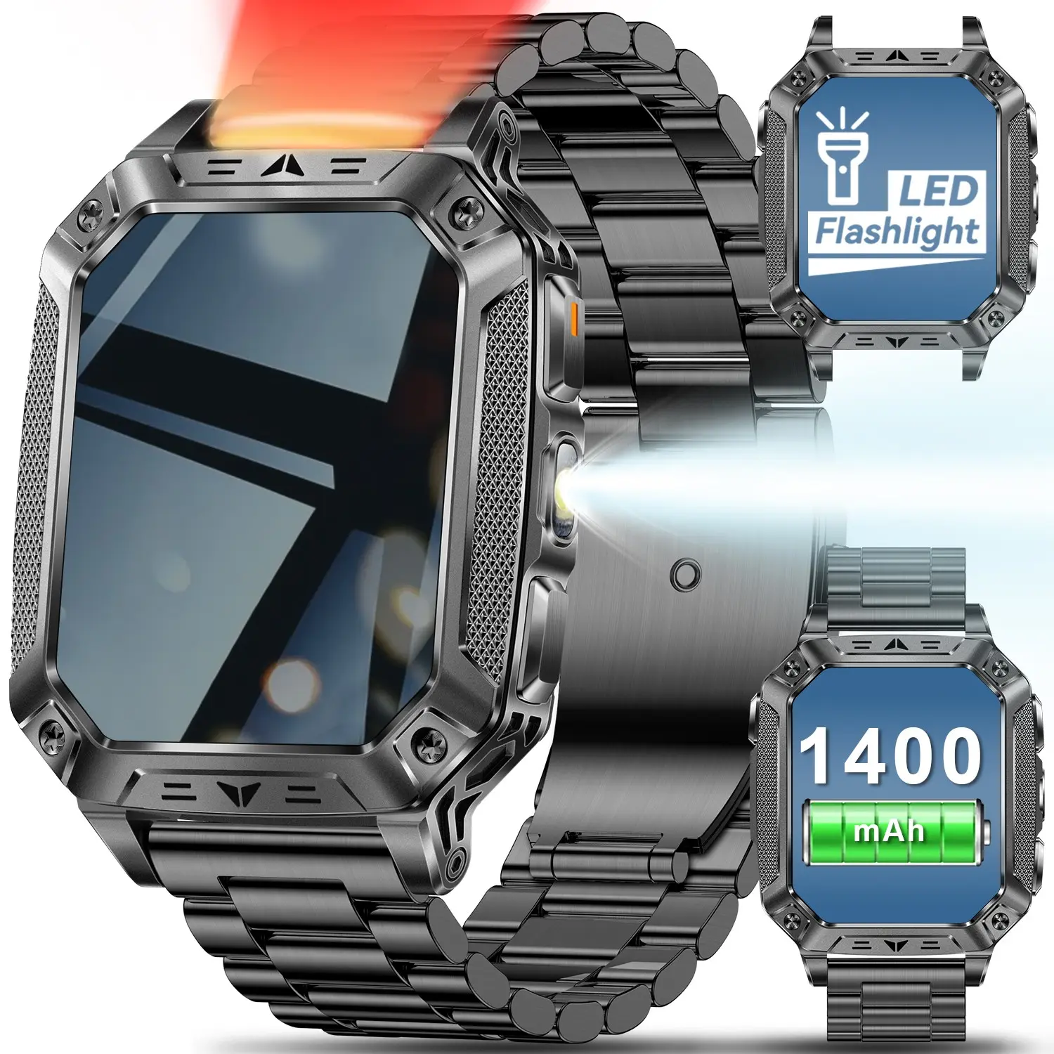 JIAYAOO 1400mAh Rugged Smart Watch for Men, Waterproof Smartwatch, 2.01" HD Large Screen, IPX8 Waterproof for Swimming, Wireless HD Call, 100+ Sport Modes, Night Running Flash & Alarm Flashing, Extra Silicone Strap Gift, Compatible with iPhone Android