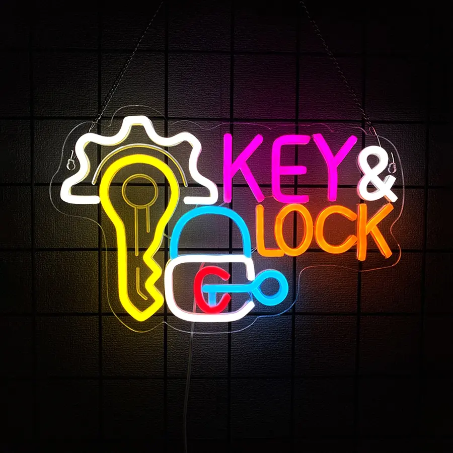 Key Lock Decorative Neon Sign LED Neon Light Wall Art Decor for Business Locksmith Shop Security Store Car Dealership Rental Home,5V Usb Powered Easy Hanging
