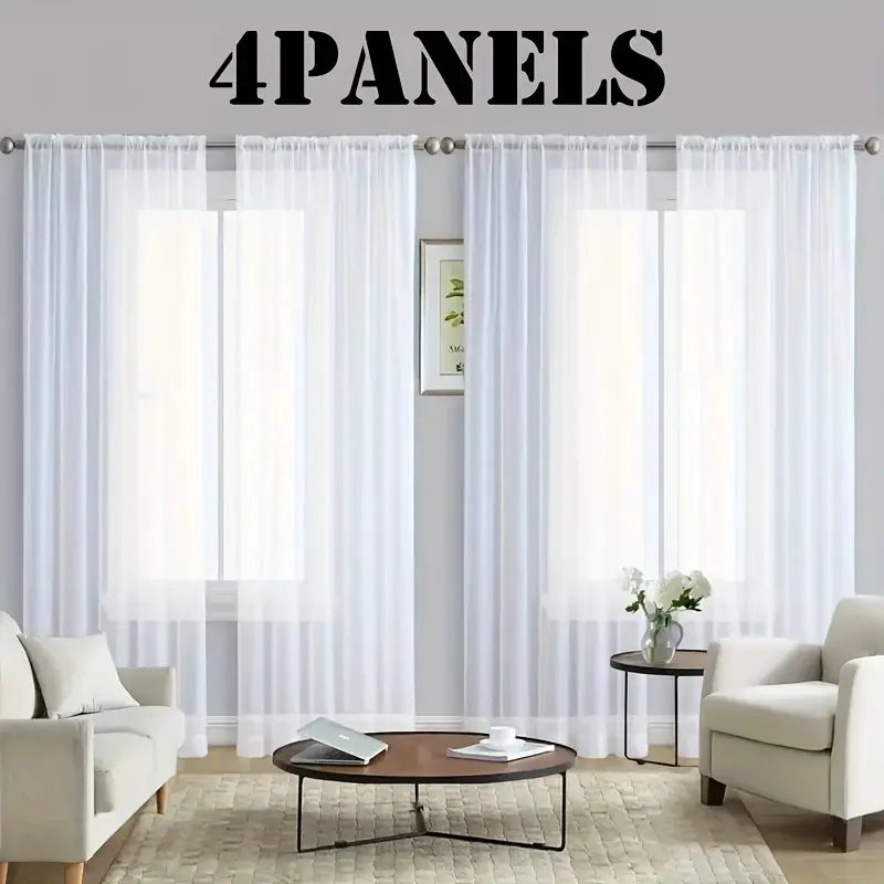 4-Panel Solid White Sheer Rod-Pocket Curtains, Transparent Lightweight Soft Window Treatment for Bedroom & Living Room, 63/84/95/108in Length Home Textile
