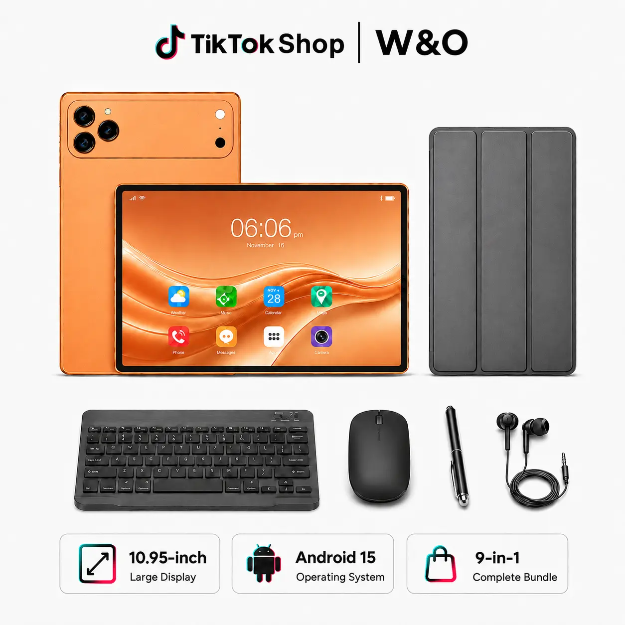 【BackToSchool】W&O Android Tablet (11 in Touchscreen Tablet) - 12GB RAM+256GB ROM, Android 15, Octa-Core CPU, 20MP Rear-8MP Front Cameras, Dual-Band WiFi, USB-C Port, Charging Support, Expandable Storage, Portable for Work & Back-to-School Bundle Package