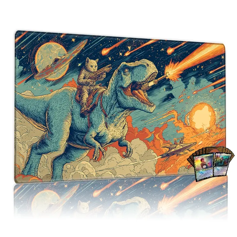 TCG, MTG, CCG RPG trading card game MATS, cat astronaut riding T-Rex in galactic battle, laser cannon, spaceship combat, cosmic war, 14×24 inches, non-slip, washable, for desktop/mousepad, Gaming Mouse Pad, Gaming Items
