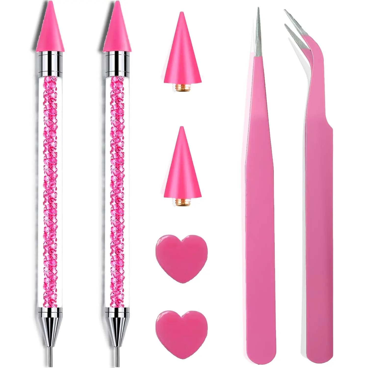 8 Pink Rhinestone Picker Tool Set - 2 Pcs Dual-Head Wax Pens with 2 Wax Tips and 2 Pink Tweezers, Wax Pencil for Rhinestones, Crystal Pickup Tool for Nail Art, Gem and Crystal Application Kit