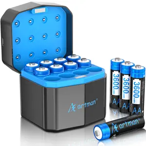 A Artman Rechargeable Lithium AA Batteries 12 Pack with 12-Slot Charger, 3600mWh 1.5V High Power AA Lithium Batteries for Blink Outdoor Camera, Rechargeable Double A Battery with 2000+ Cycles