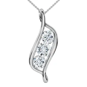 1Ct Three Stone Diamond Pendant 14K White Gold Necklace Lab Grown