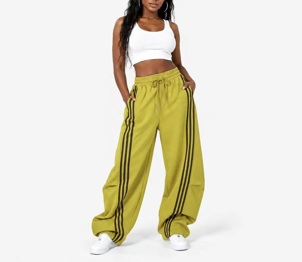 Flooo Loose Wide Leg Striped Track Pants Women's Casual Streetwear Joggers with Elastic Waistband & Side Pockets for Workout Clothes
