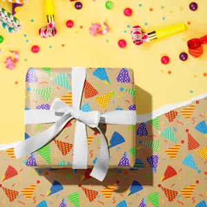 RUSPEPA Kraft Wrapping Paper Roll - Mini Roll - Colorful Birthday Hat Design Great for Birthday, Party, Baby Shower - 17 Inches X 32.8 Feet