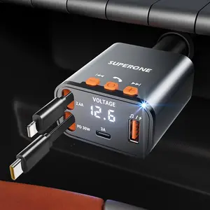 W Retractable Car Charger with Dual Cables, Compact Bluetooth . Car Adapter, FM Transmitter Radio Receiver for HandsFree Calls & MP Music, USB C Fast Charging for iPhone Android