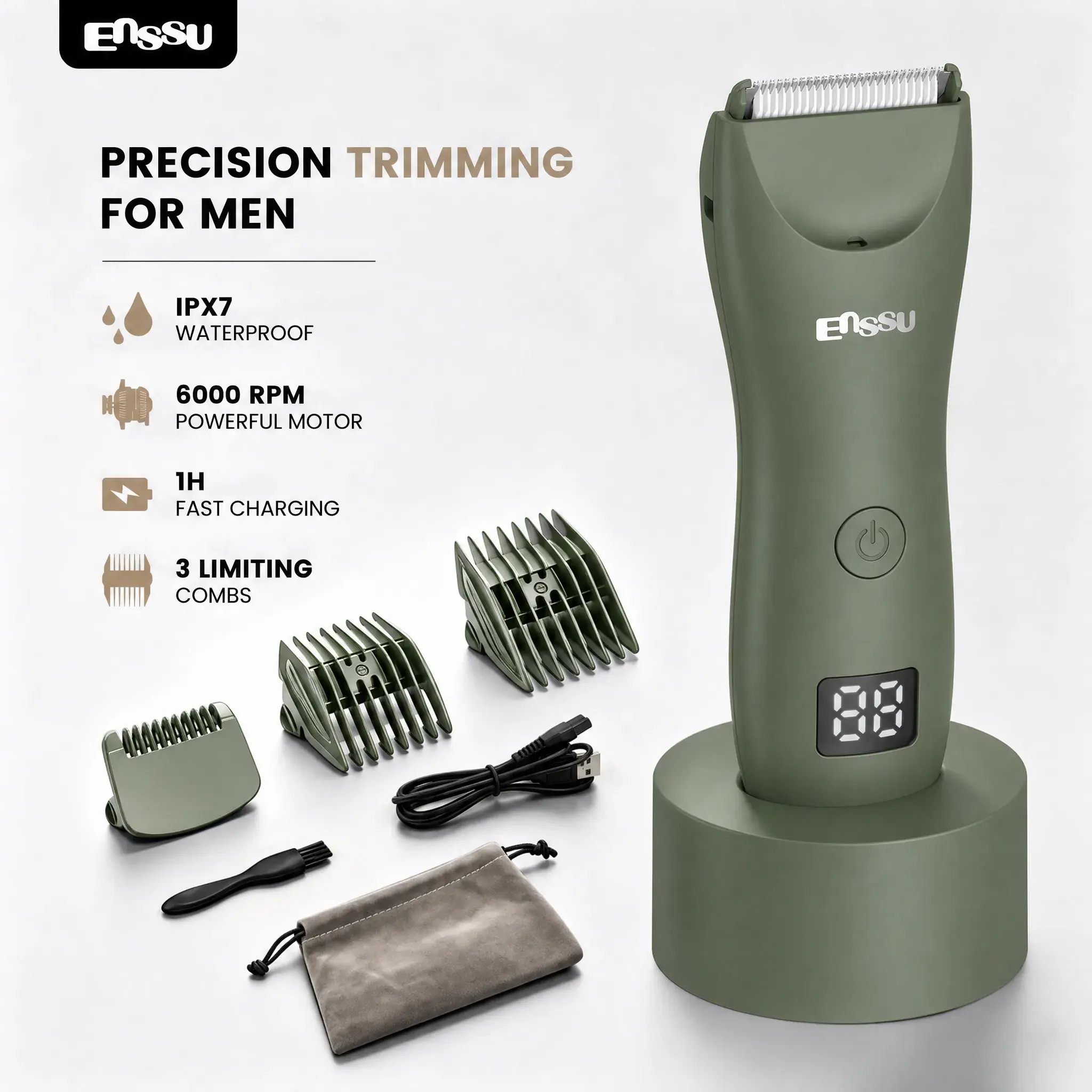 Enssu Men’s 2-in-1 Anti-Nick Waterproof Body Hair Trimmer & Shaver, Ceramic Blade, LED Display, Adjustable Guards, IPX7 Washable Cordless Rechargeable Groomer Kit for Beard, Head, Full Body Grooming, Ceramics, Battery Powered Hair Trimmers & Clippers, Bat