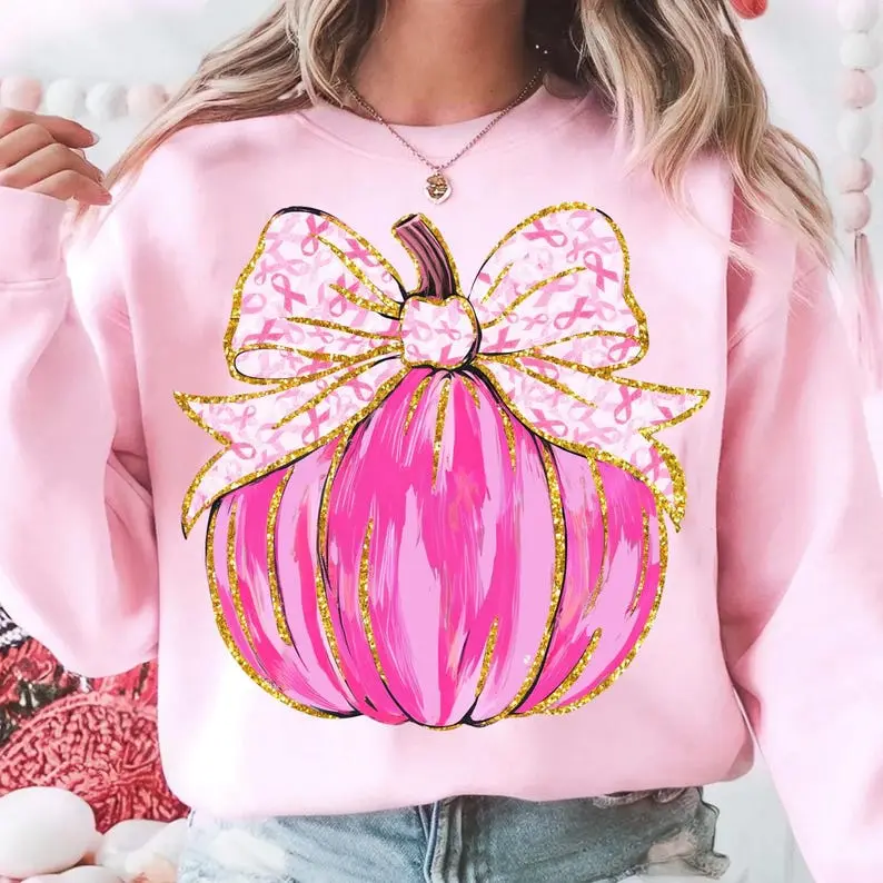 Breast Cancer Pumpkin Sweatshirt, Breast Cancer Sweatshirt, In October We Wear Pink, Breast Cancer Awareness, Brushstroke Pink ribbon Sweatshirt, Women's Long Sleeve Sweater