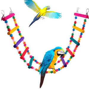 Natural Wood Hanging Climbing Ladder Bird Toy - 12-Step, Bright Colors, Activity Boost, Includes Colorful Bridge & Swings for Parrots, Parakeets