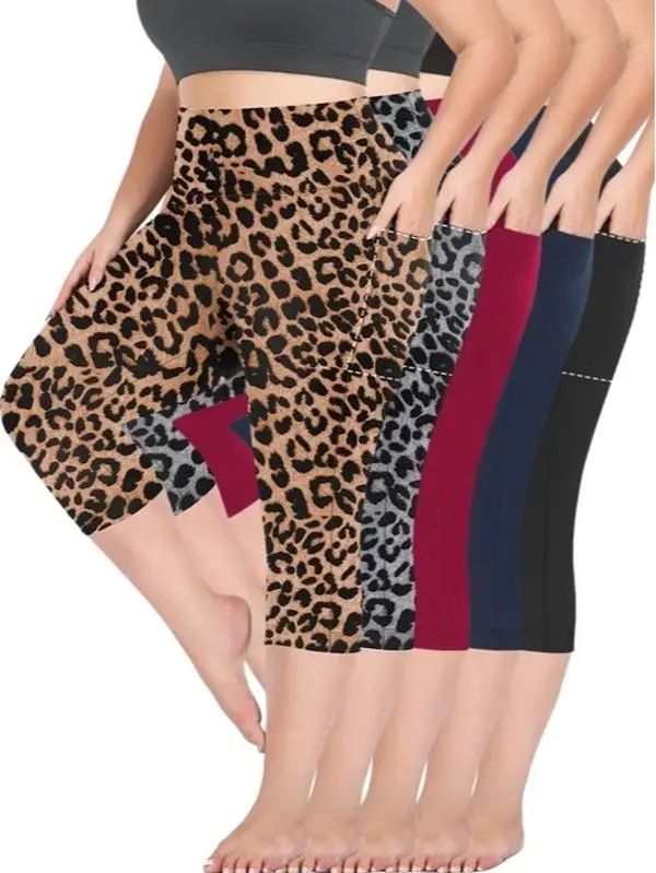 Women's Plus Size High-Waisted Capri Leggings with Pockets, Buttery-Soft Sleek Yoga Pants with Elastic Waistband for Athleisure and Gym Workouts, Athleisure Style Pants, Gym Workout Pants