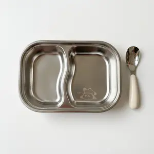 Stainless Steel Divided Plate Set, Includes Spoon & Toddler-Friendly Design, Ideal for Mealtime Organization, Durable Kitchenware, Durable Utensils Tableware, Feeding
